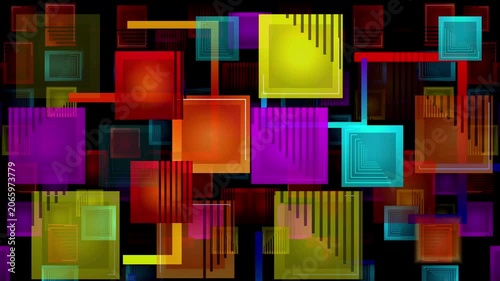 Abstract colorful overlapping translucent geometric squares on dark background, vibrant neon retro motion graphic backdrop.