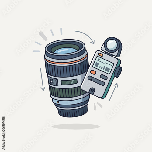 Obraz na plátně A camera lens and a light meter are shown in this illustration