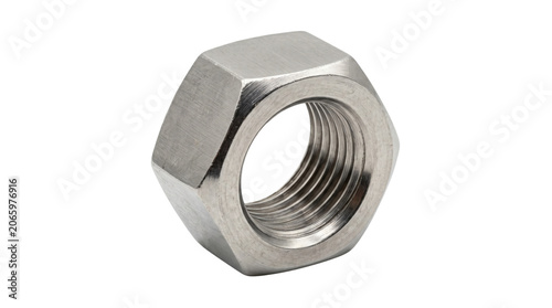 Industrial stainless steel hex nut, metallic fastener with internal screw thread, silver hexagonal bolt nut isolated on white background for construction