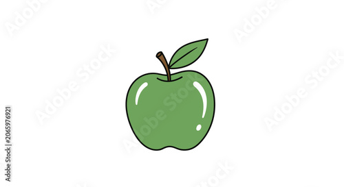 A green apple with a leaf.
