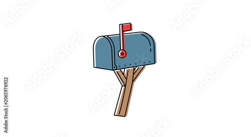 A blue mailbox on a wooden post.