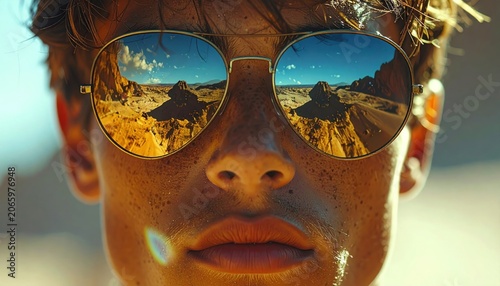 Close-up of a person wearing sunglasses reflecting a desert landscape and sky