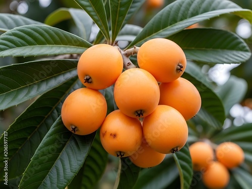 Ripe Loquats on Tree Branch Fresh Orange Japanese Medlar Fruit with Green Leaves, Healthy  Natural