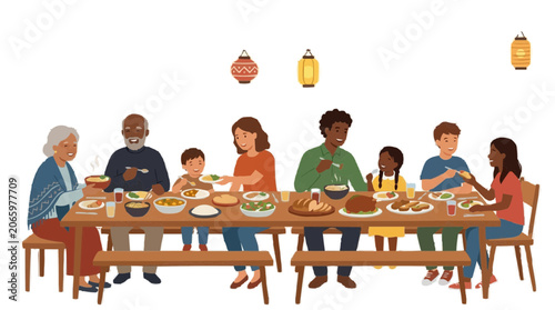2d FLAT MINIMALISM Diverse family enjoying a meal together at a long wooden table with various dishes PNG Isolated on transparent background vector