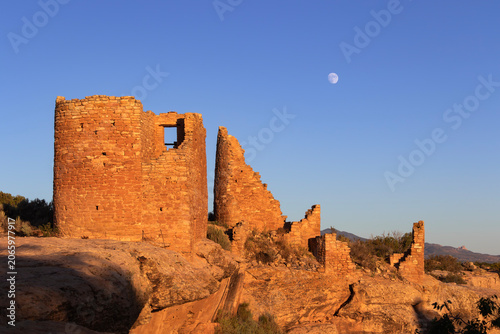 Hovenweep Castle at sunset with moon in blue sky, Hovenweep National Monument, Utah