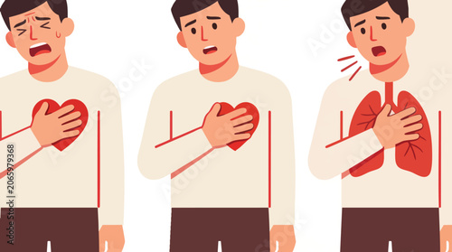 Man experiencing chest pain, heart attack symptoms and respiratory lung problems