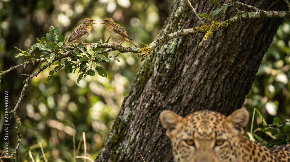 Fototapeta premium Leopard Observing Two Yellow Weavers On Branch In African Savanna At Golden Light