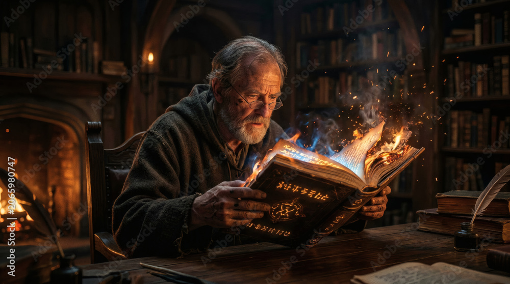 Obraz premium Scholar Reading a Burning Magical Book in a Medieval Library Scene