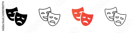 Theater masks representing comedy and tragedy in various artistic styles