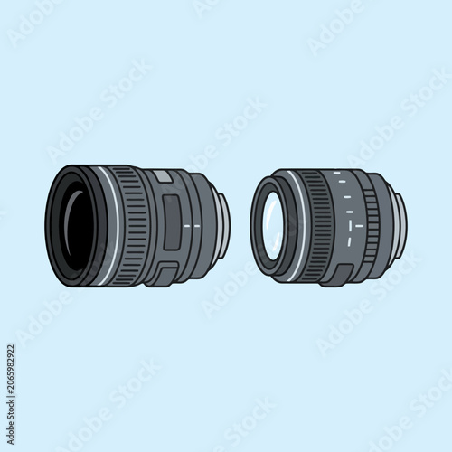 Two professional camera lenses isolated on a light blue background