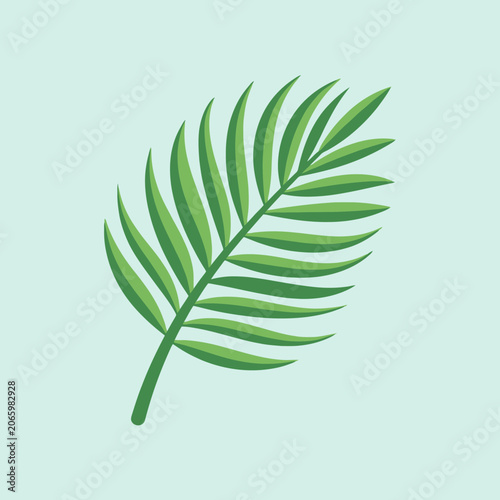 A green tropical palm leaf illustration on a blue background