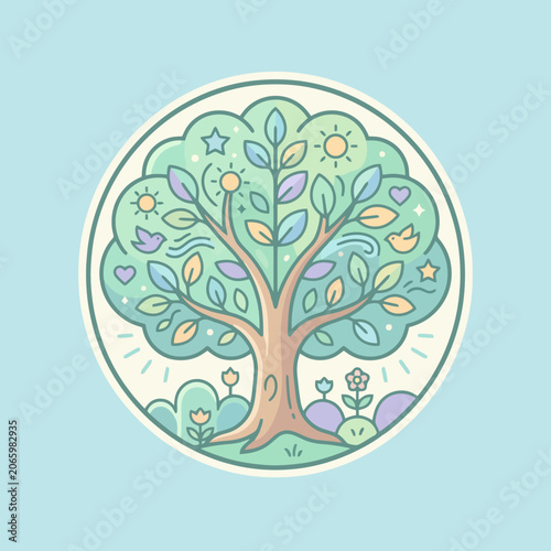 A circular illustration of a magical tree with pastel leaves