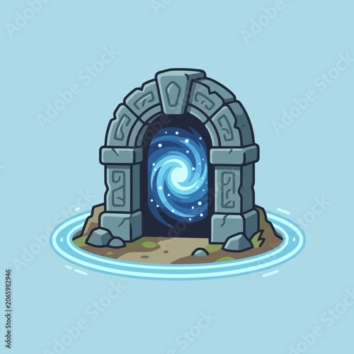 A stone archway with a glowing blue portal on an island