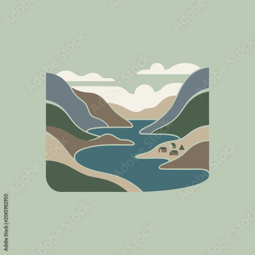 A minimalist illustration of a calm lake nestled between mountains
