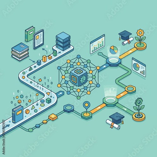 Isometric illustration of data processing and machine learning