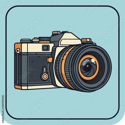 Retro style camera icon with a large lens on blue backdrop