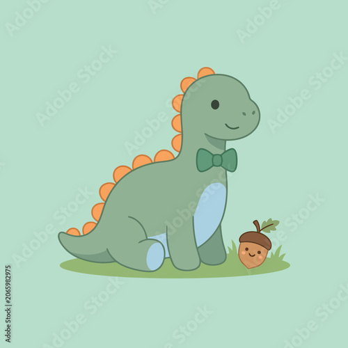 A cute green dinosaur wearing a bow tie sits on grass