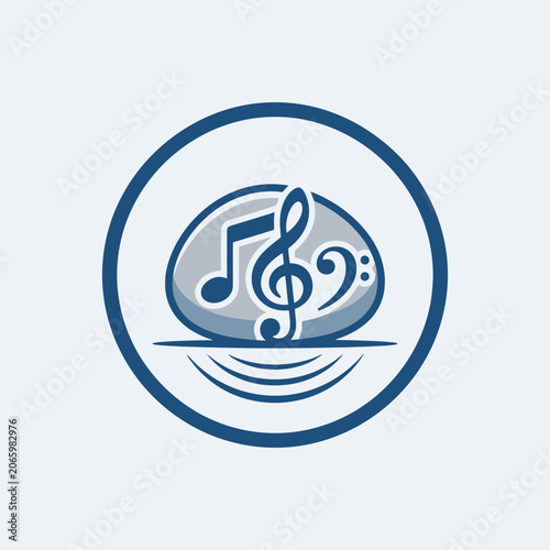 A blue circular icon featuring musical notes on a light background
