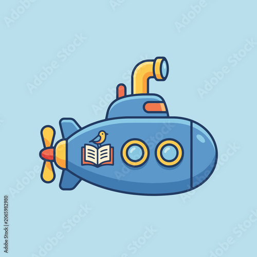 A cute blue submarine illustration on a light blue background