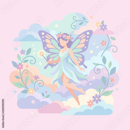 A magical fairy flies through soft pastel clouds and flowers