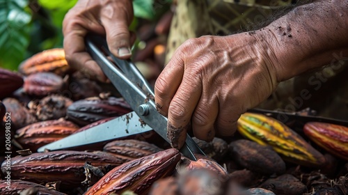 Intense Close-Up of Hands Slicing Cocoa Pods During Farm Harvesting Process