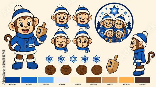 Canvas Print Cartoon Monkeys Celebrating Hanukkah with Festive Elements.