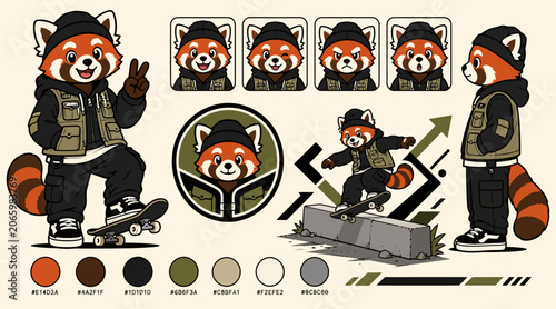 Fotografie Illustrated Red Panda Characters in Urban Style Art.