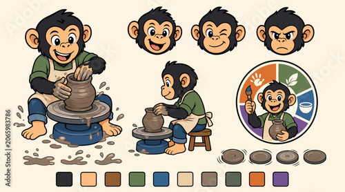 Canvas Print Cartoon Monkey Characters Making Pottery Together.