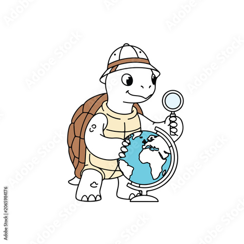 Obraz na plátně An adorable cartoon turtle dressed as an explorer with a pith helmet and magnifying glass studies a world globe in this charming vector illustration
