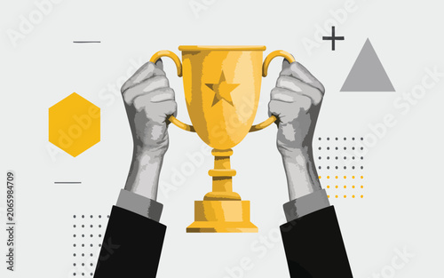 Valokuva Success Concept Illustration of Businessman Hands Holding a Golden Trophy Cup