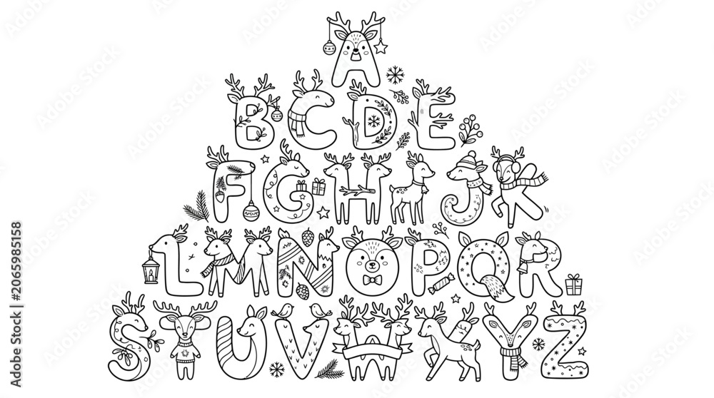 Obraz premium Christmas Alphabet Tree Outline with Reindeer and Festive Decorations