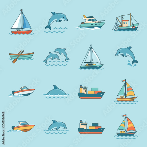 Photography Set of maritime transportation icons and jumping sea animals