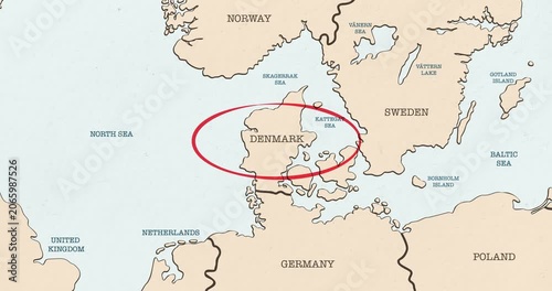 Motion graphic video of a red circle marking to denmark on a vintage political map