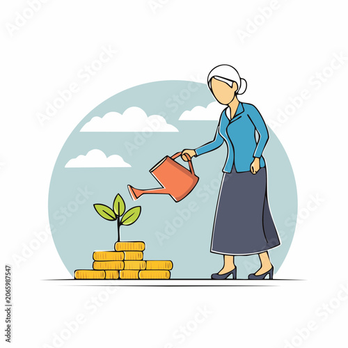 Woman watering money plant growing from coins