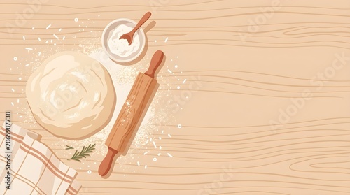 Top-Down Home Baking Workspace Illustration with Rolling Pin