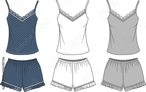 Fényképezés Women sleepwear set with lace trim camisole and shorts flat vector