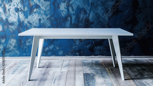 Minimalist White Rectangular Table with Angled Legs Placed Against Dramatic Blue Marble Wall