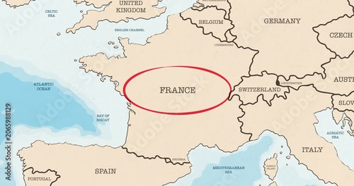 Motion graphic video of a red circle marking to france on a vintage political map
