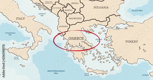Motion graphic video of a red circle marking to greece on a vintage political map