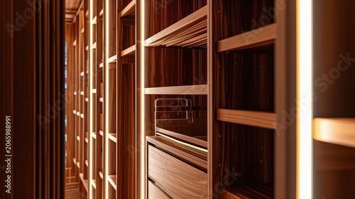 Moody Warm-Wood Library Corridor with Golden Backlit Shelving and Receding Perspective