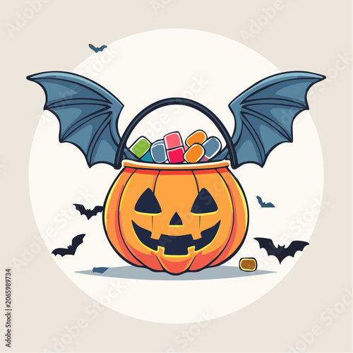 Halloween Pumpkin Candy Bucket with Bat Wings and Sweets