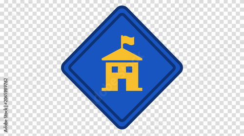 Blue diamond school zone or facility road sign.