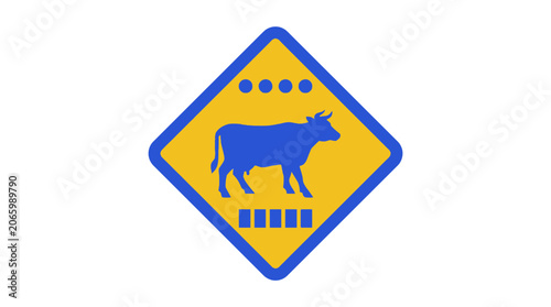 Blue diamond-shaped livestock crossing warning road sign.