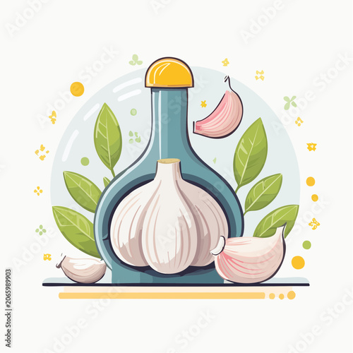 Stylized Garlic Bulb and Cloves with Leaves