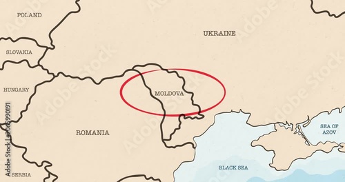 Motion graphic video of a red circle marking to moldova on a vintage political map