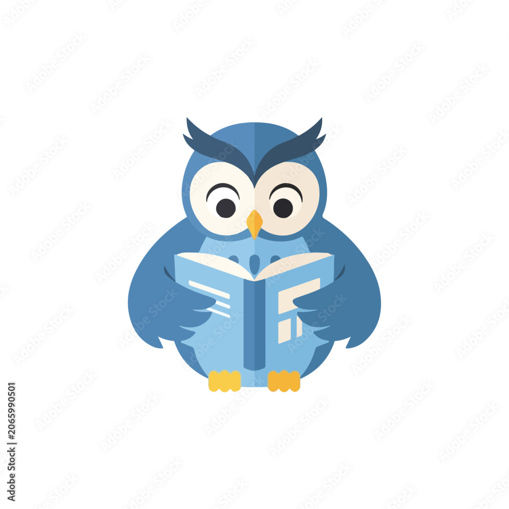 Fototapeta premium A cute blue cartoon owl with big eyes is sitting down and reading an open blue book intently, representing wisdom and education.
