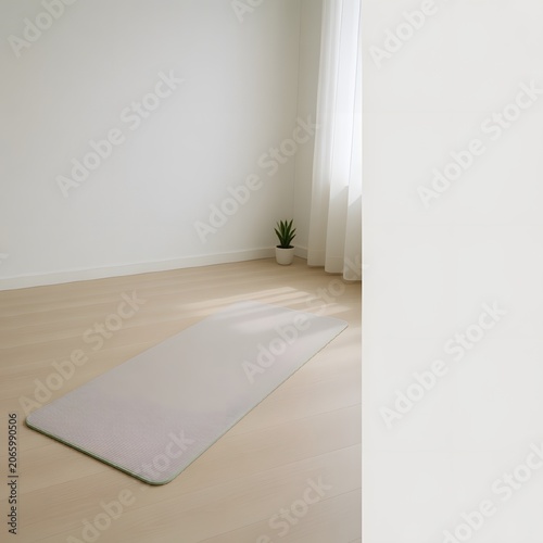 Meditation Mat on Floor in Peaceful Environment for Wellness, Mindfulness and Relaxation Concept. High-quality professional photograph featuring a meditation mat neatly placed on the floor in a calm 