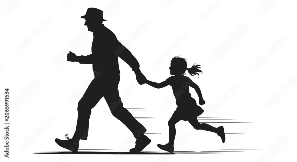 Naklejka premium Father and daughter run together while holding hands in a simple black silhouette.