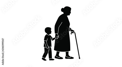 Grandmother holds the hand of a small boy as they walk together with a walking aid.