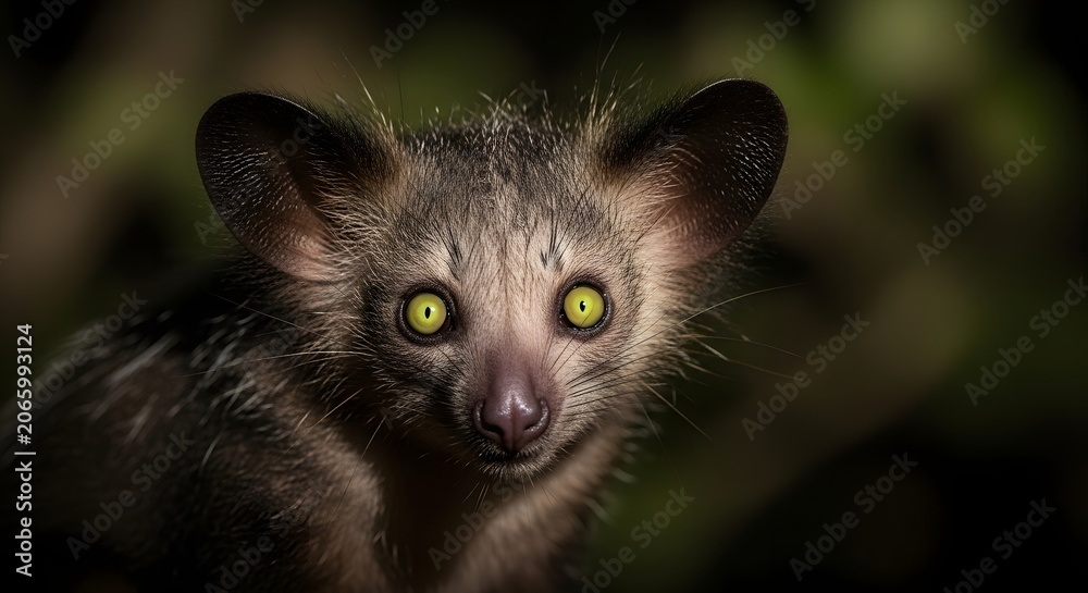 Fototapeta premium Rare Aye-Aye Lemur with Glowing Yellow Eyes in a Dark Tropical Rainforest at Night